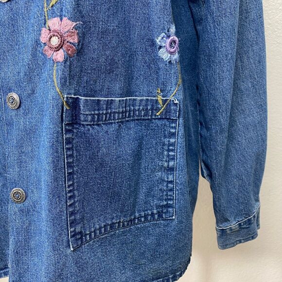 Vtg Agapo Chore Jacket Blouse Top Large Petite Denim Floral Embroidery Country - Picture 4 of 11